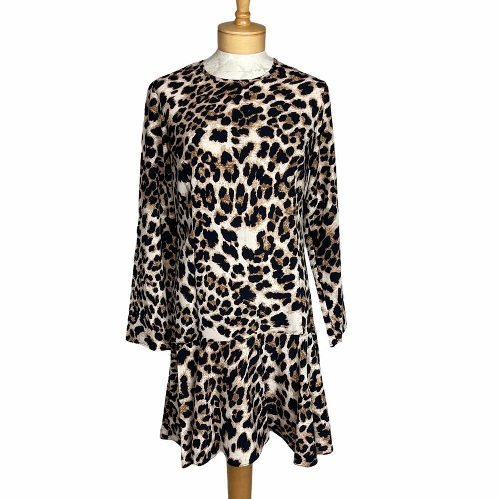 Aqua Long Sleeve Cheetah Dress w/ Ruffle Skirt Large